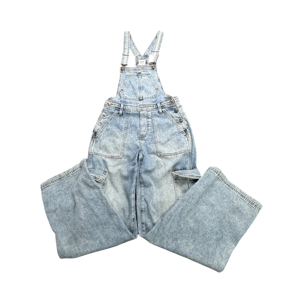 Aerie Overalls Womens XS Light Acid Wash Wide Leg Cargo Denim Cotton Boho